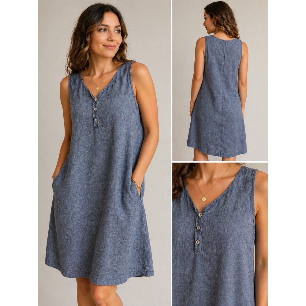 St. Tropez West Blue 100% Linen Sleeveless Button Front Shift Dress‎ Pockets 10